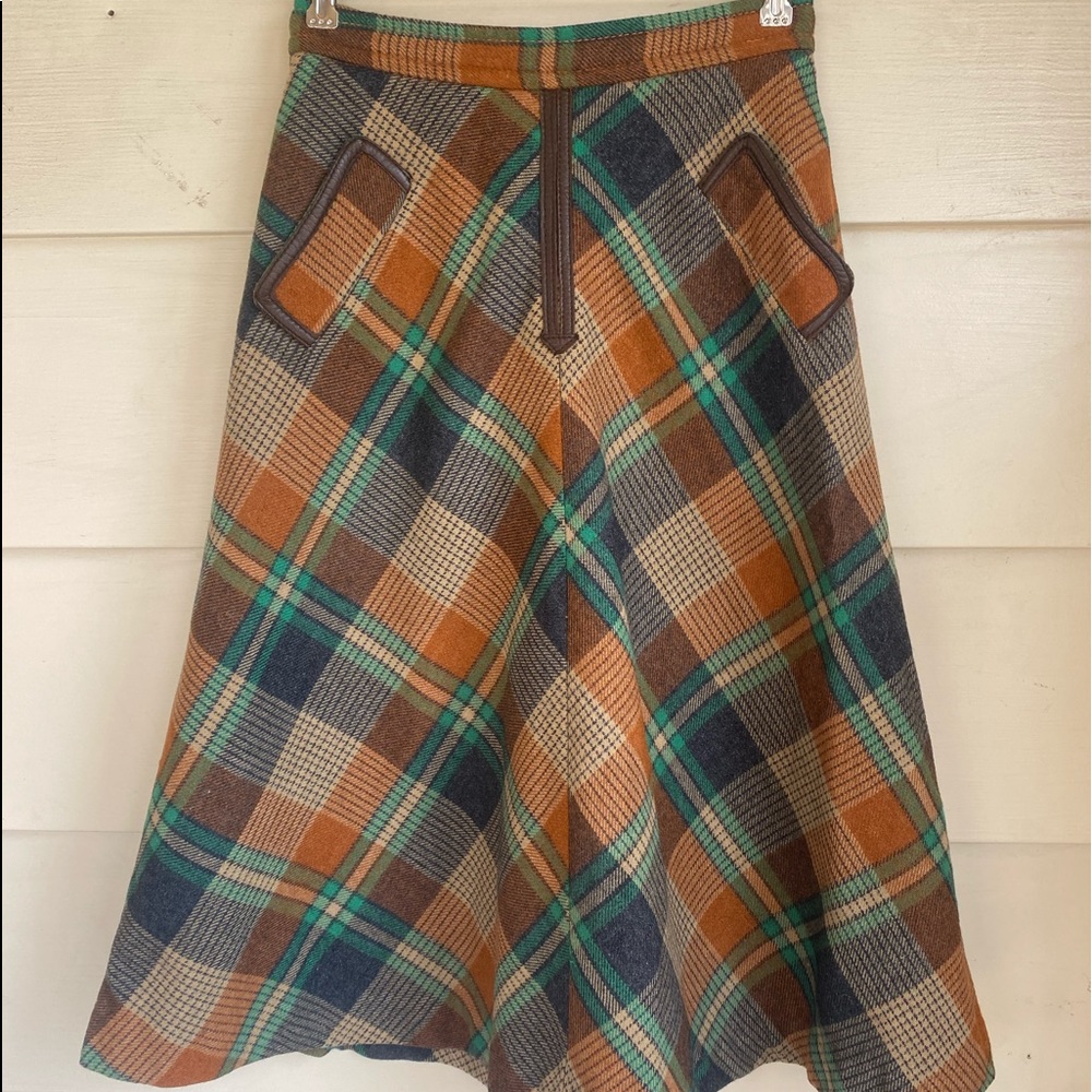 Vintage 60s wool and leather plaid skirt size medium
